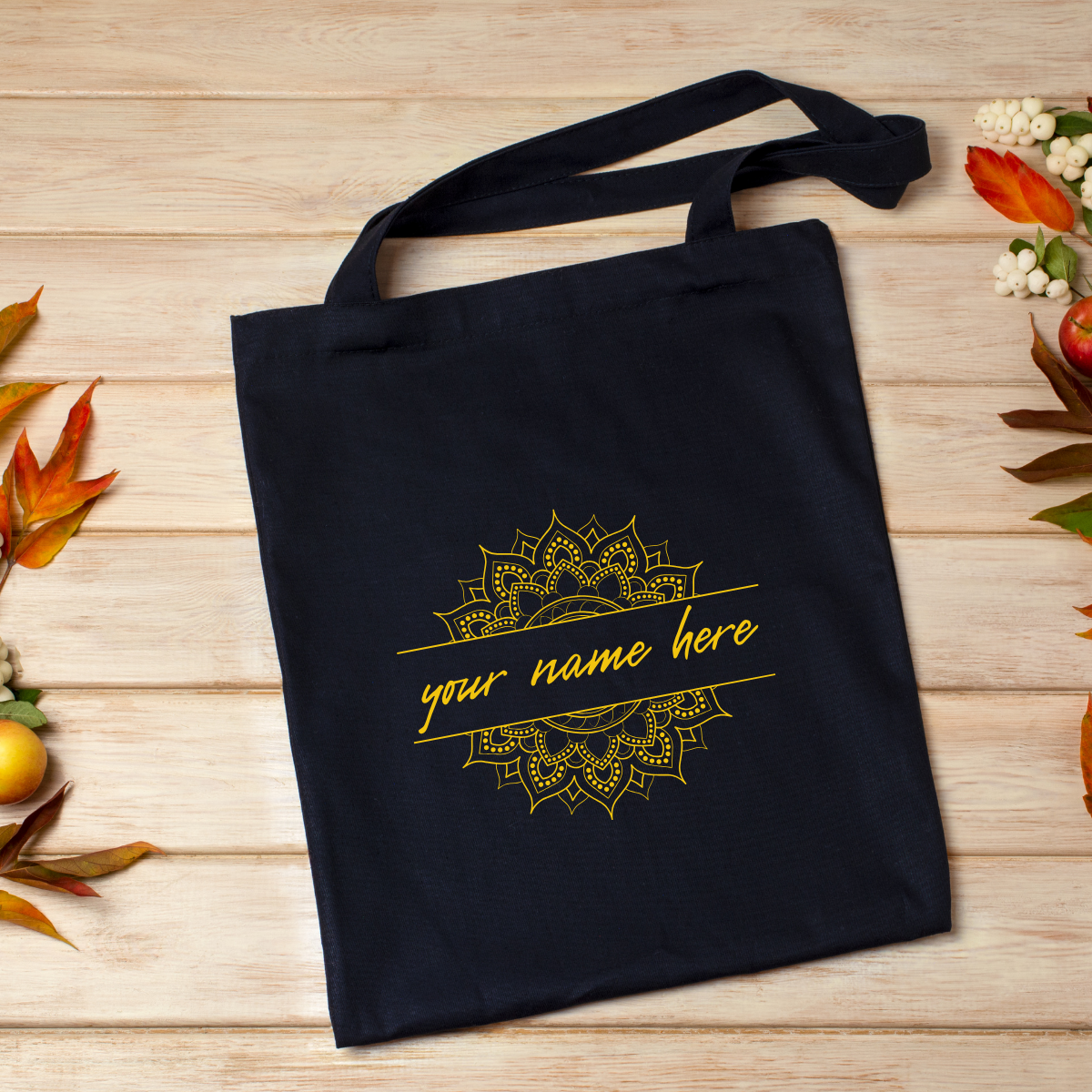 Personalized Name Zipper Tote Bags | Ethnic Intricate Mandala | Black & White