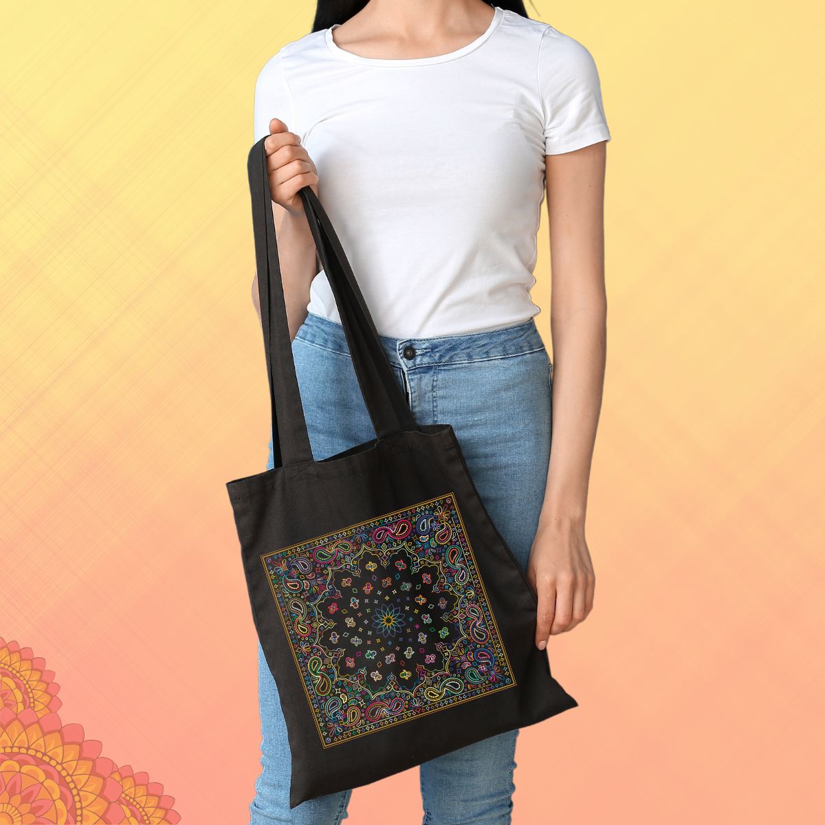 Black Ethnic Paisley Zipper Tote Bags