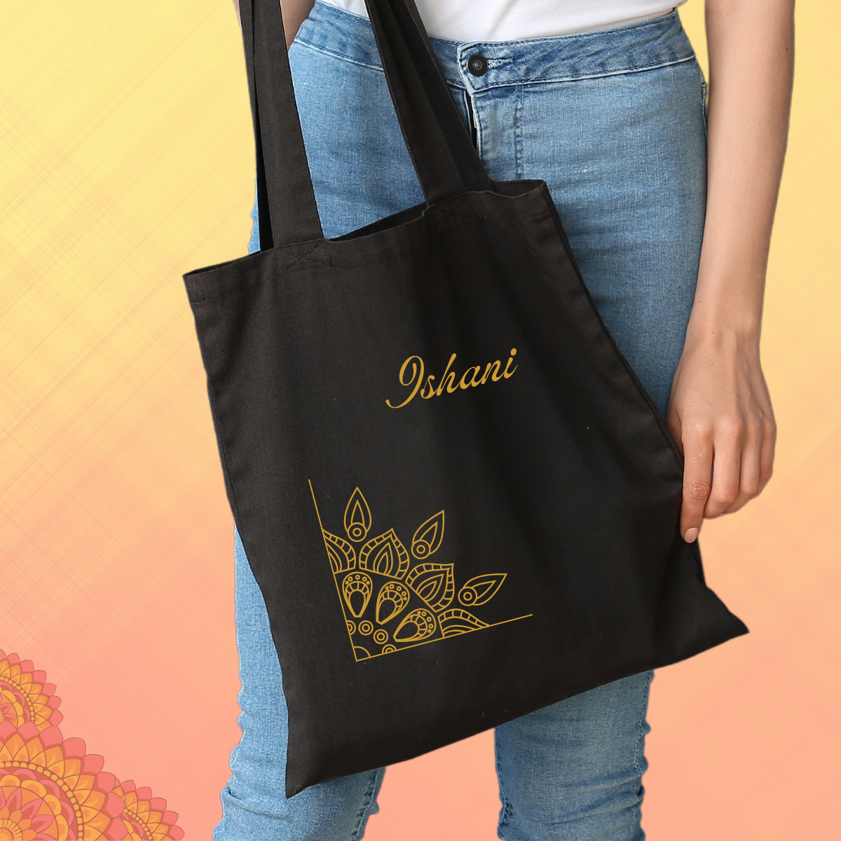 Black Personalized Name Zipper Tote Bags | Ethnic Mandala