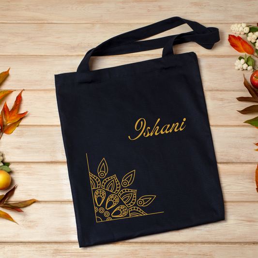 Black Personalized Name Zipper Tote Bags | Ethnic Mandala