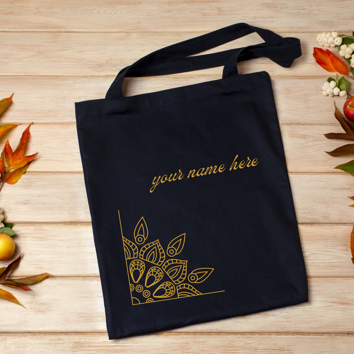 Black Personalized Name Zipper Tote Bags | Ethnic Mandala