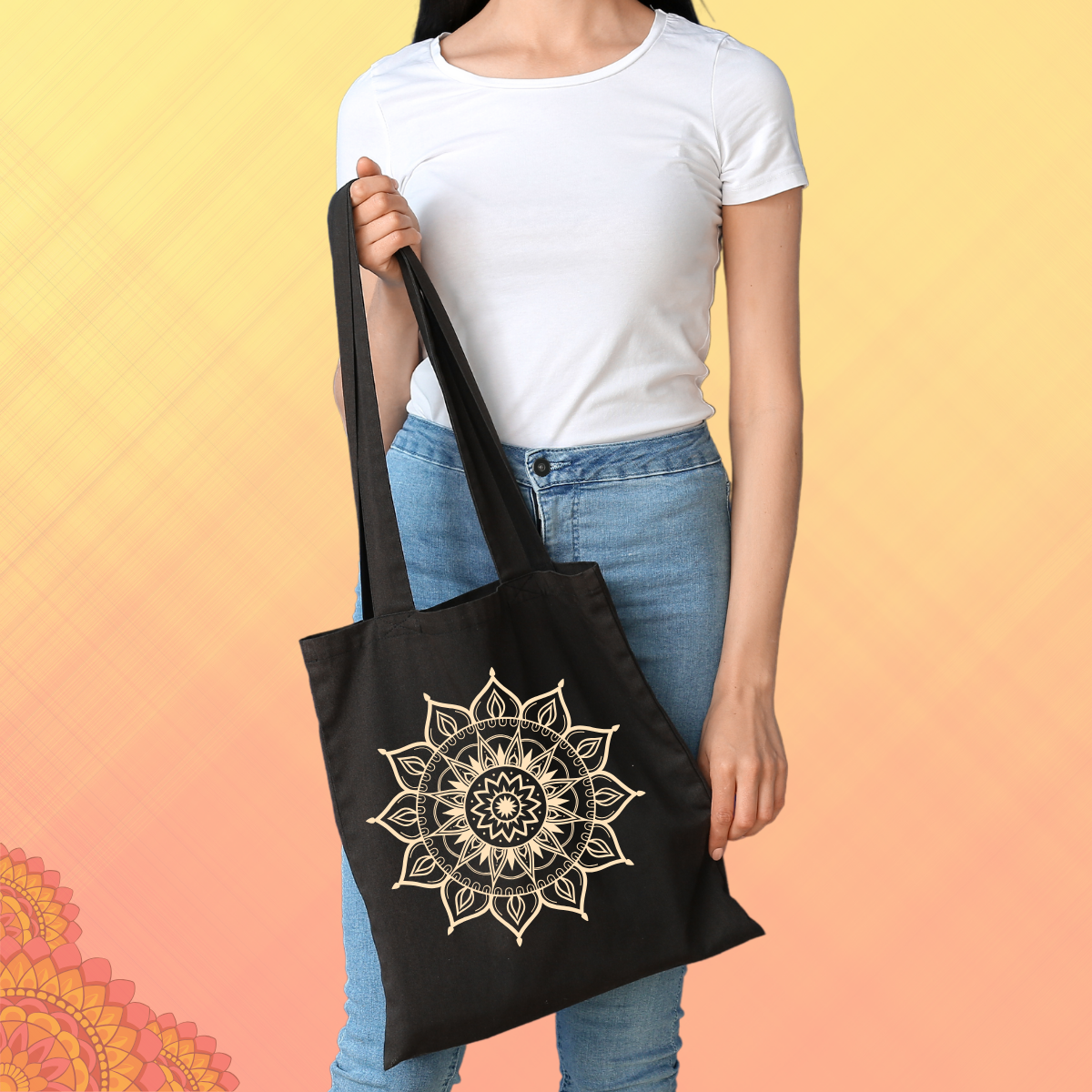 Black Ethnic Mandala Zipper Tote Bags