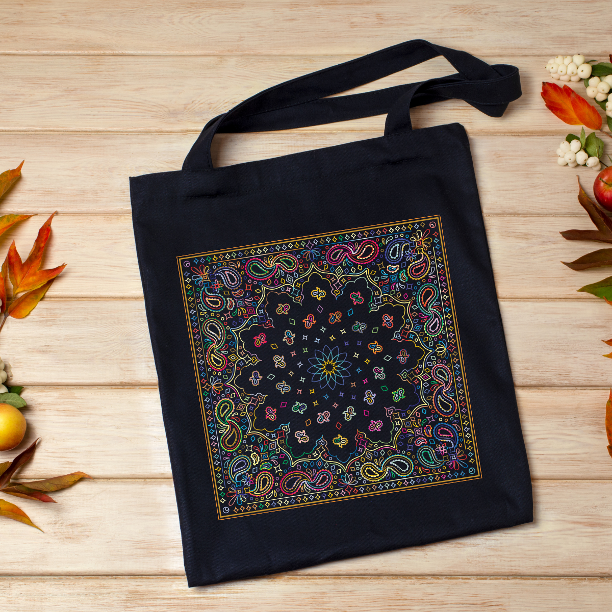 Black Ethnic Paisley Zipper Tote Bags