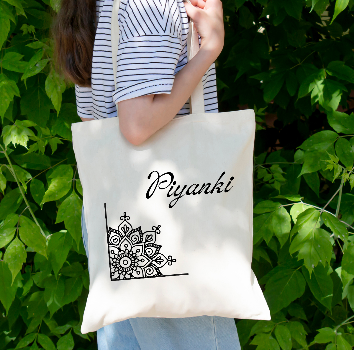 White Personalized Name Zipper Tote Bags | Ethnic Mandala