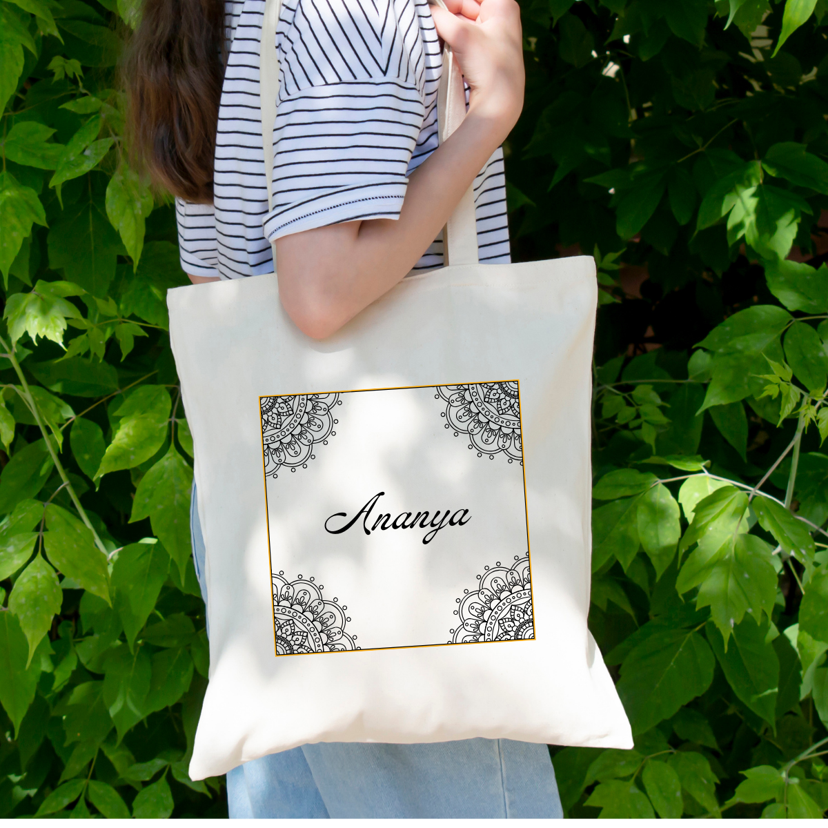 White Personalized Name Zipper Tote Bags | Ethnic Serenity Mandala